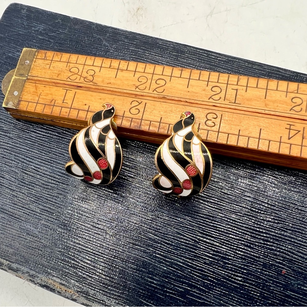 Vintage clip on earrings black white red cloisonné 1990s new old stock unique